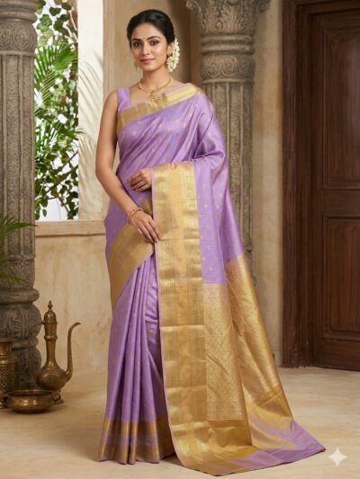 Beautiful woman wearing a lavender premium semi Kanchi Pattu saree featuring gold zari checks and a thick gold zari border and pallu.
