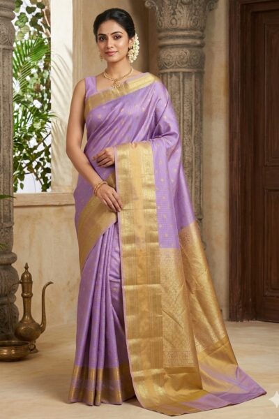 Beautiful woman wearing a lavender premium semi Kanchi Pattu saree featuring gold zari checks and a thick gold zari border and pallu.