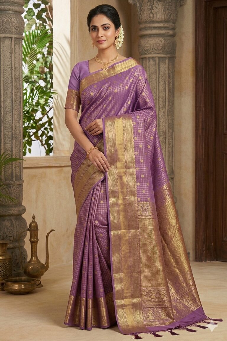 Beautiful woman wearing a mauve lavender premium semi Kanchi Pattu saree featuring gold zari checks, a thick gold zari border, and a pallu with tassels.