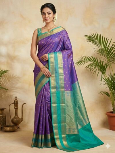 Beautiful woman wearing a purple premium semi Kanchi Pattu saree featuring gold zari checks and a contrasting teal green heavy zari pallu.