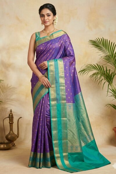 Beautiful woman wearing a purple premium semi Kanchi Pattu saree featuring gold zari checks and a contrasting teal green heavy zari pallu.