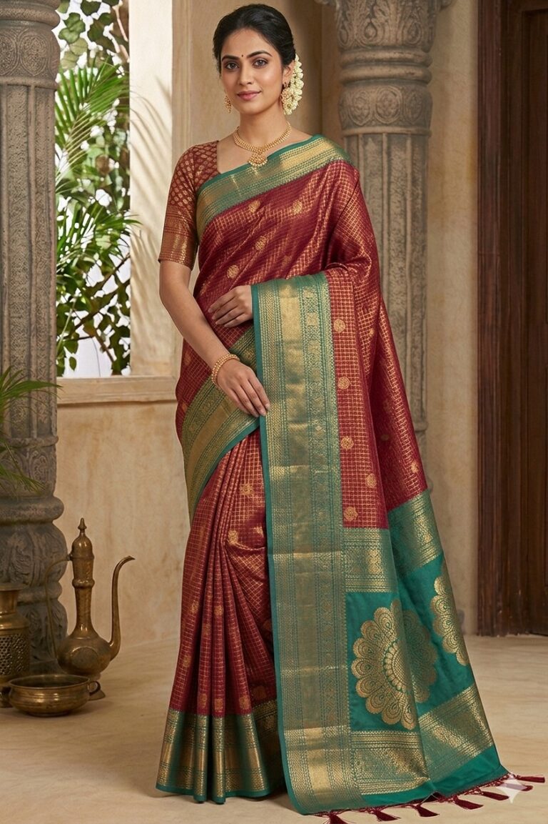 Beautiful woman wearing a deep red premium semi Kanchi Pattu saree featuring gold zari checks and a contrasting green heavy zari pallu with large floral mandala motifs.