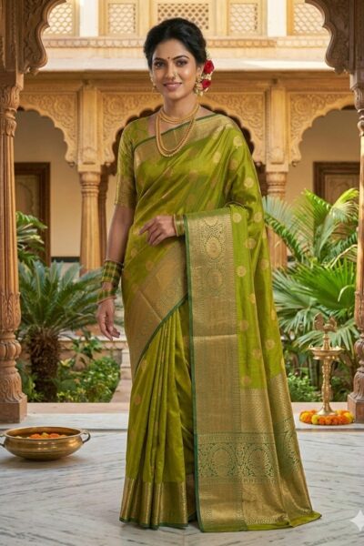Beautiful woman wearing a vibrant olive green premium semi Kanjeevaram Pattu saree with gold floral motifs and a heavy gold zari border.