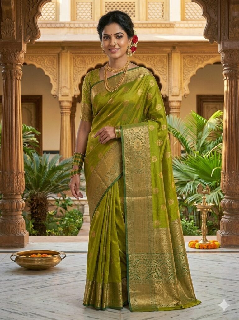 Beautiful woman wearing a vibrant olive green premium semi Kanjeevaram Pattu saree with gold floral motifs and a heavy gold zari border.