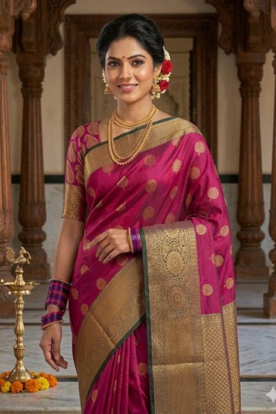 Beautiful woman wearing a vibrant rani pink premium semi Kanjeevaram Pattu saree with gold floral motifs and a heavy gold zari border with black edging.