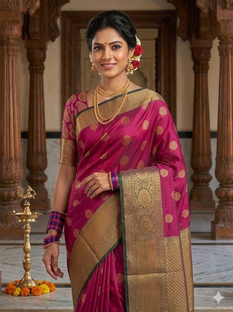 Beautiful woman wearing a vibrant rani pink premium semi Kanjeevaram Pattu saree with gold floral motifs and a heavy gold zari border with black edging.