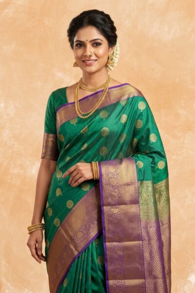 Beautiful woman wearing a vibrant sea green premium semi Kanjeevaram Pattu saree with gold tree motifs and a contrasting purple heavy zari border.