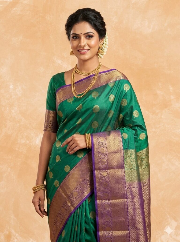 Beautiful woman wearing a vibrant sea green premium semi Kanjeevaram Pattu saree with gold tree motifs and a contrasting purple heavy zari border.