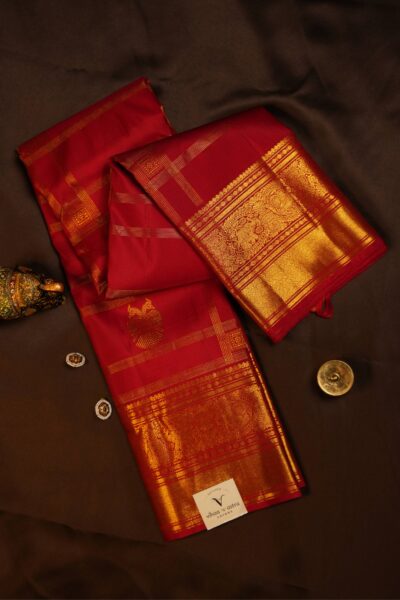 A stunning full outlook of the draped red pure handloom Kanjeevaram saree revealing large vintage checks, bird motifs, and a rich self-color gold border.